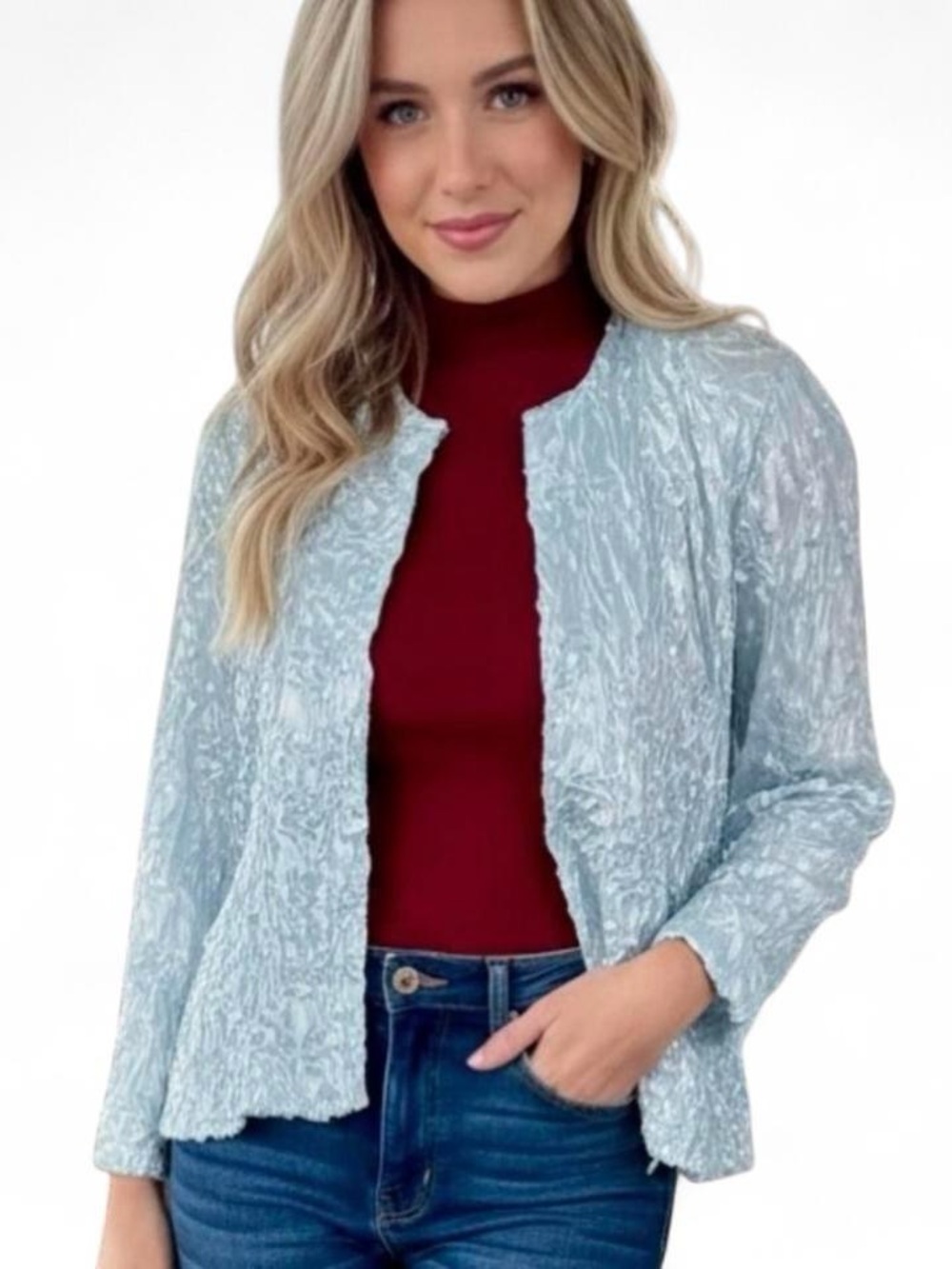 NWT Light Blue Sequin Crinkle Blazer Jacket
